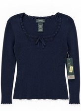 Vintage Lauren Ralph Lauren Glen Canyon Navy Ribbed Lace Bow Top L NWT Unworn picture