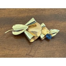 Vintage Retro 1940s Sterling Silver Brooch with Blue Rhinestone in a Gold Wash picture
