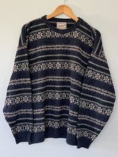 Vintage Woolrich Sweater Mens L Blue Fair Isle Crewneck Knit Cotton Made in USA picture