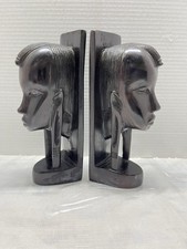Vintage African Hand Carved Ebony Wood Tribal Bust Bookends Tanganyika Africa picture