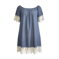 Mlle Gabrielle Womens Boho Chambray Off Shoulder Shift Dress Blue 3X Lace picture