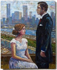 ORIGINAL OIL█PAINTING VINTAGE REALISM█ART SIGNED MAN LOVE DRESS POP FORMAL 30x24 picture