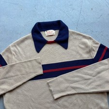 Vintage 70s Lord Jeff Royal Jeff Tan Striped Knit Polo Sweater XL Men Retro picture