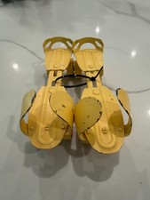 Vintage 50s Yellow Metal Clamp-On Roller Skates Adjustable Red Trim Wheels picture