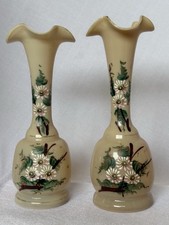 Antique BOHEMIAN Custard Opaline Glass VASES Pair Hand Painted Floral Ruffled picture