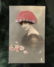Antique 1910s RPPC lady with floral hat hair novelty postcard printed in Germany picture