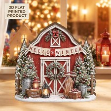 Hello Winter Christmas 2D Flat Wooden Block, Red Barn Holiday Decor, Farmhouse picture