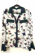 LOFT Women's Floral Peacock Button-Up Blouse S White Green Purple Viscose picture