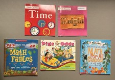 Lot of 5 Childrens Books To Teach Math Skills, Time, Weight, Probability, Tang picture