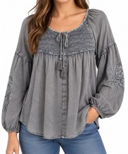 Solitaire Womens Gray Boho Embroidered Smocked Peasant Blouse Top Size L picture