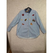Vintage Just My Size Blue Stripe Embroidered Fall Leaf Shirt picture