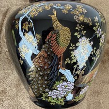 Vintage OMC Japan Black Porcelain Peacock Vase Gold Gilt Floral 7.25 Inch picture