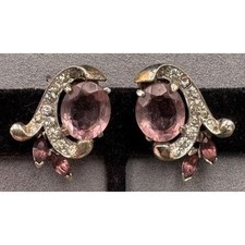 Vintage Mazer Jomaz Earrings Sterling Silver Clip Purple Clear Rhinestones 1