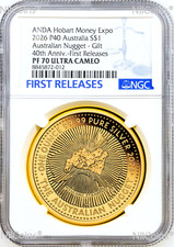 2026 ANDA Hobart Expo 1oz .9999 Silver Gilt Coin P40 PF70 Australia Nugget Ann F picture