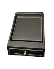 VTG Levenger Black Leather Desk Organizer 7x5 Pen Holder with Drawer White Trim picture