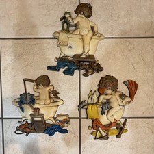 Vintage 1970s Sexton Cast Metal Bathing Boys Bathtub Wall Plaques Set of 3 picture