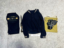 Original WW2 named US navy Sonar tech uniform, UK gas mask, and Turkish bayonet picture