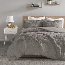 $150 Leena 3-piece Grey Full/Queen Shaggy Fur Duvet Cover Set picture