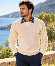 Peru Unlimited Sweater Mens M Ivory Baby Alpaca Wool Crewneck Ribbed Knit NWT picture