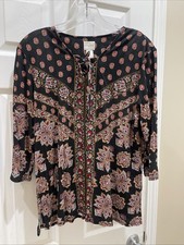 Chicos Womens Sz 1 Pull Over Gorgeous Black Red 3/4 sleeve Top Cute picture