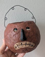 Primitive jack o lantern bucket pail folk art wire anthropomorphic Halloween picture