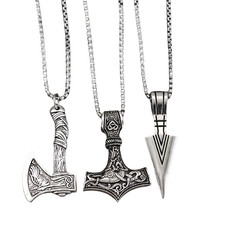 Viking Norse Pendant Necklace 3‑Pack Mjolnir Axe Spear Alloy Box Chain Unisex picture