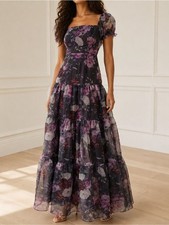 NWT Lulus Delightful Expression Maxi Dress Sz Medium Black Purple Floral Organza picture