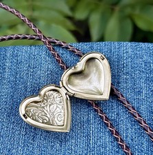 Bronze/Antique Gold Heart Locket Bolo Tie Brown Leather  picture