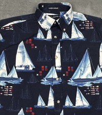 Ivy Crew Shirt Mens Medium Blue Nautical Boats Button Down Short Sleeve Resort picture