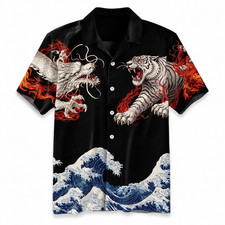 Japanese Dragon Tiger Hawaiian Shirt Men Wave Irezumi Summer Aloha Beach Top picture