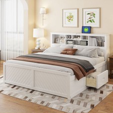King Size Platform Bed with Storage Drawers Bookcase Headboard Wooden Bed Frames picture