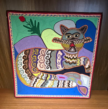 Vintage Huichol yarn painting cat vibrant Mexican folk art handmade wall art picture