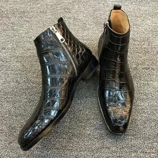 Handmade Croc Texture Black Genuine Leather Formal Ankle Zipper Dress Boots Men picture