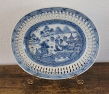Antique Chinese Export Canton Blue White Reticulated Platter Pierced Tray 19thC picture