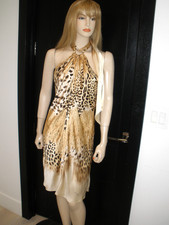 STUNNING $5K ROBERTO CAVALLI SILK LEOPARD HALTER OPEN BACK DRESS SZ 6/42 picture
