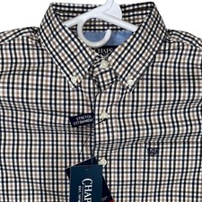 Chaps Mens Easy Care Woven Shirt Tan Blue Check Stretch Size Medium New picture