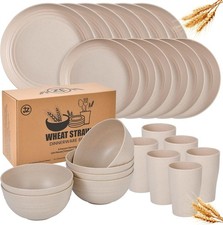 24 - Piece Wheat Straw Dinnerware Set - Plates and Bowls for 6, Unbreakable, Dis picture