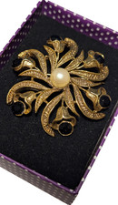 VTG Robert Rose Black Rhinestones Faux Pearl Center Floral Brooch 2