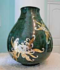 Antiq Japanese Meiji Metal Vase Applied Gold Silver Mums Verdigris Green SIGNED picture