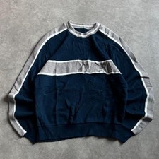 Vintage 2000s Y2K Navy Blue Gray Striped Crewneck Sweatshirt Mens Medium picture