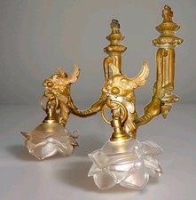 Pair of Antique Bronze Brass French Mythological Dragon Wall Sconces  Glass Rose picture