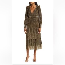 Jewel Badgley Mischka Gold Tiered Modest Midi Evening Dress size 4 Cocktail NWT picture