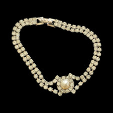 Gorgeous Vintage Double Row Prong Set Rhinestone Bracelet w Pearl picture