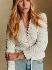 Sezane Cotton Knit Button Cardigan Round Neck Hollow Out Tie Top picture