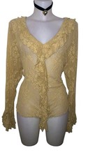Y2k 90s Women Victorian Gold Lace Ruffle Sheer Top Sz 1X Whimsigoth Renaissance picture