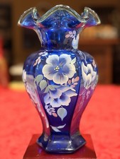 Fenton 75th Annv Cobalt Blue Hexagonal Celebration Vase 1998 Ex Cond Signed 9.5