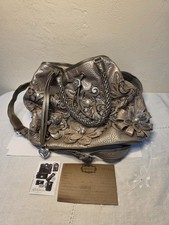 Brighton Masterpiece Leather Handbag Pewter Color With Floral Embellishments EUC picture