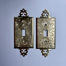 Pair Vintage Indian Brass Light Switch Covers Hand Etched Floral Toggle Plates 2 picture