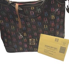 NEW Dooney & Bourke Logo Print Zip Shoulder Bag Black Multicolor HOT Red Lining picture