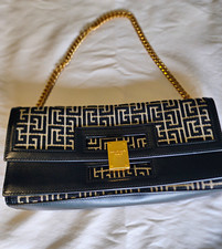 Balmain Black & Beige Logo Shoulder Bag Rectangle Clasp Gold Chain Strap picture